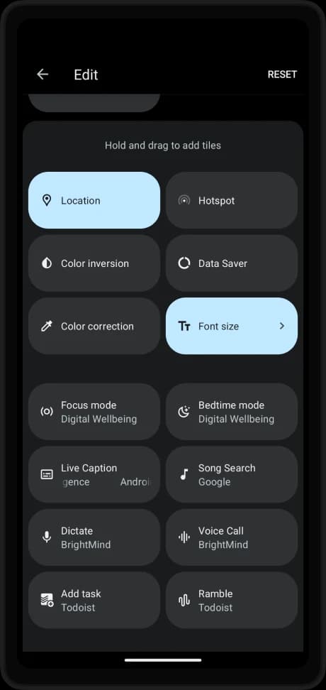 BrightMind Dictate and Voice Call tiles in Android Quick Settings