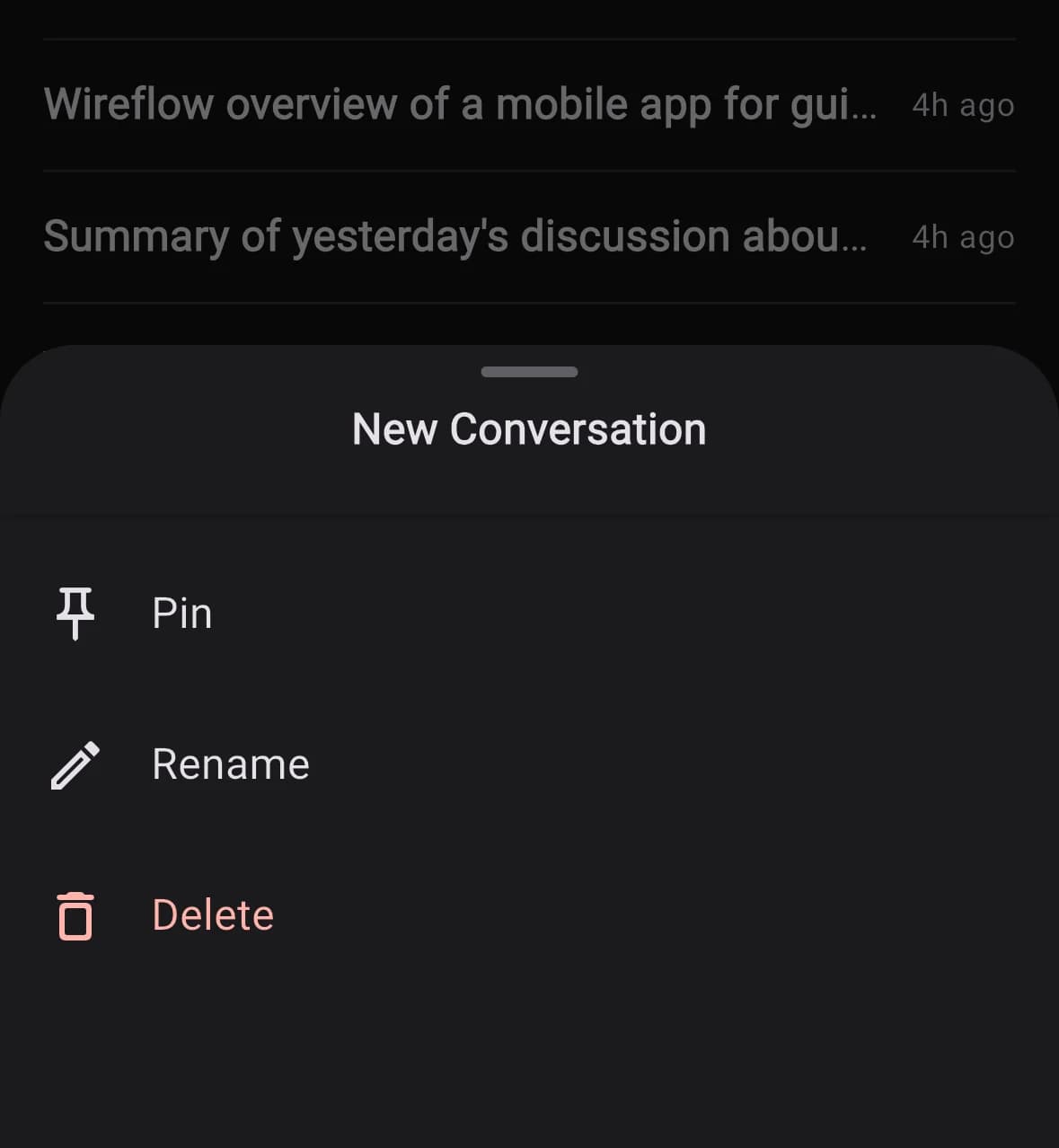Bottom sheet showing Pin, Rename, and Delete actions for a conversation