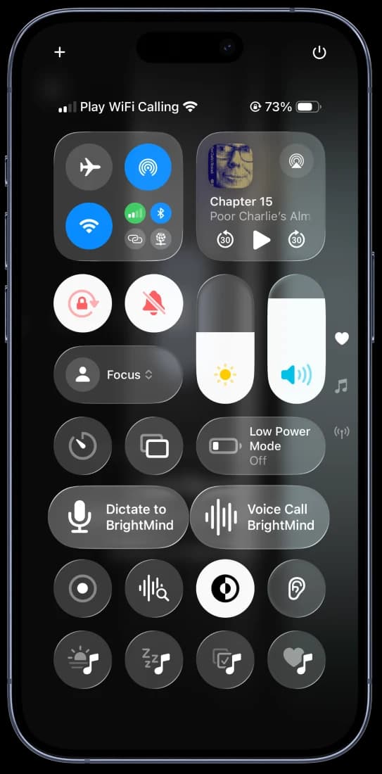 BrightMind Dictate and Voice Call widgets in iOS Control Center