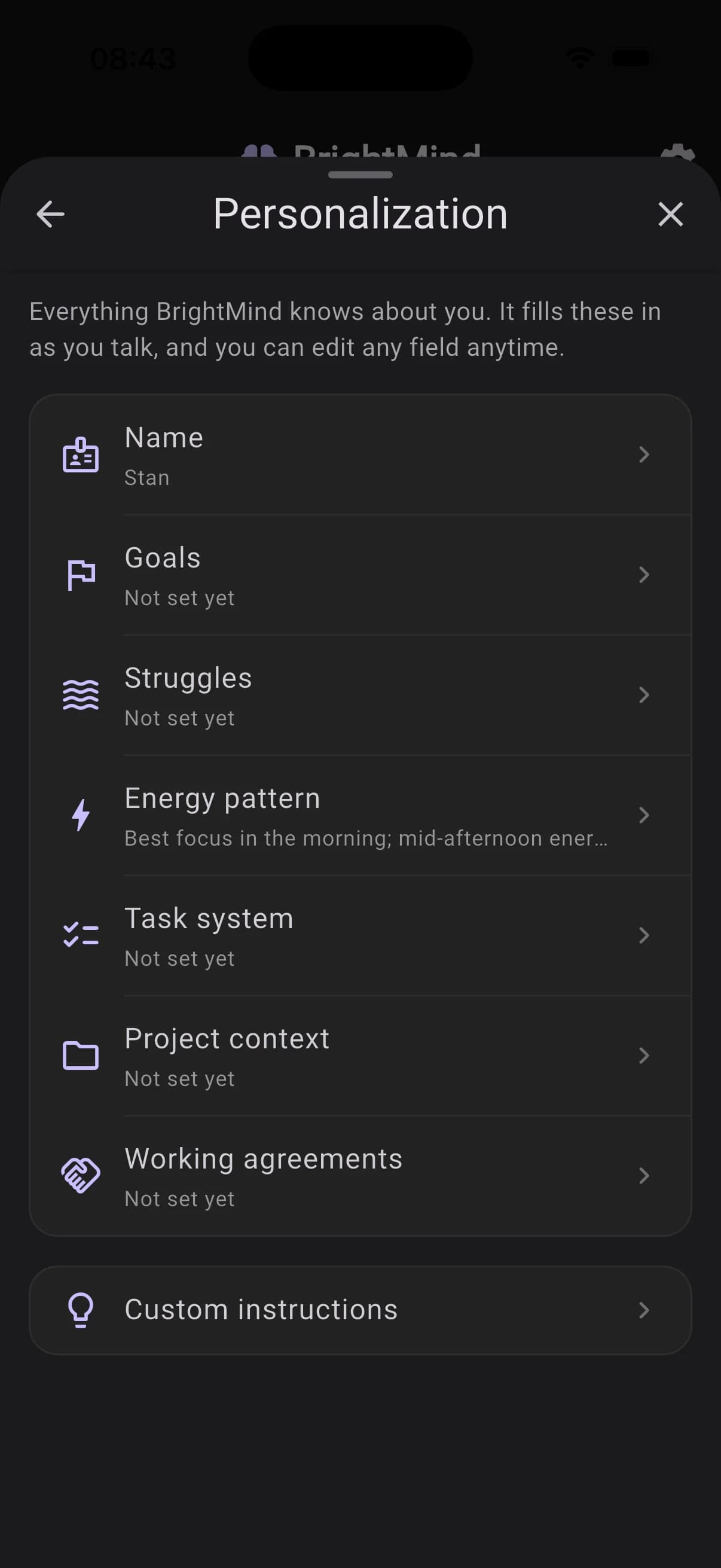 Personalization settings showing the profile fields BrightMind fills in as you talk
