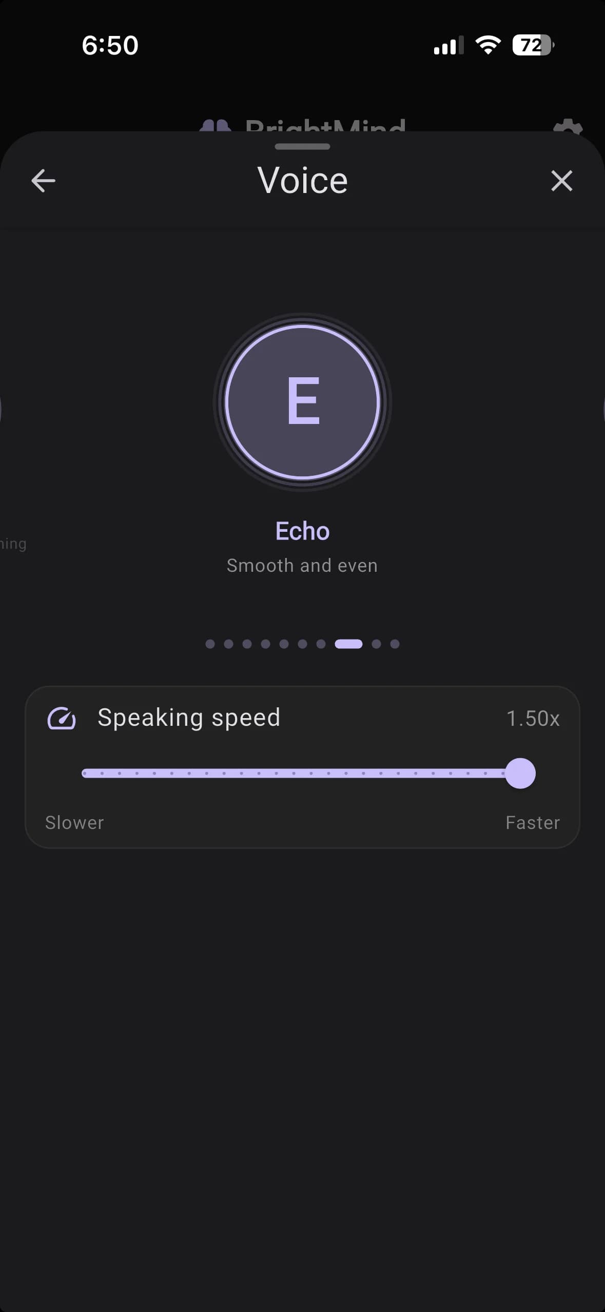 Voice picker showing Echo — Smooth and even — with a speaking speed slider