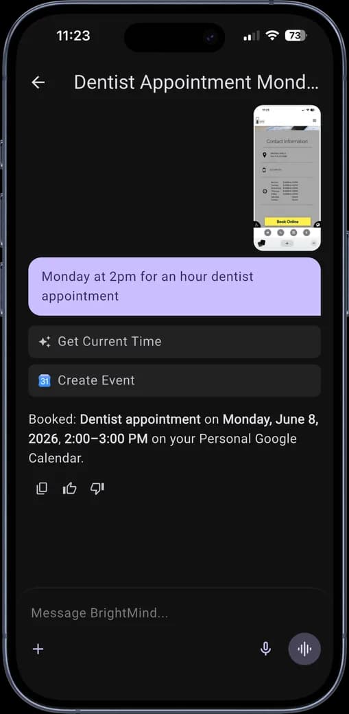 BrightMind AI companion booking a dentist appointment in Google Calendar from a photographed appointment card