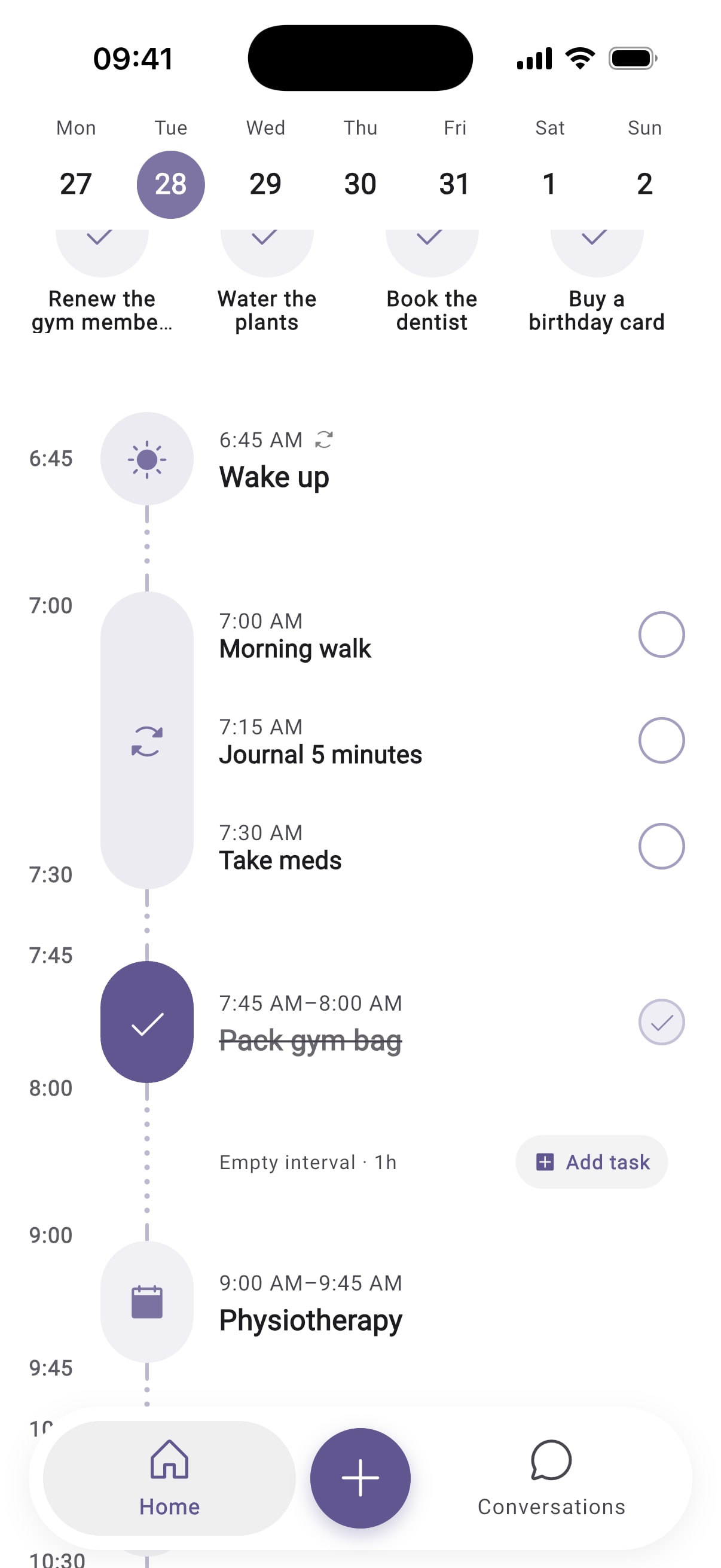 BrightMind Home: the day as one calm timeline with a wake-up routine, timed tasks, a completed gym item and a physiotherapy appointment