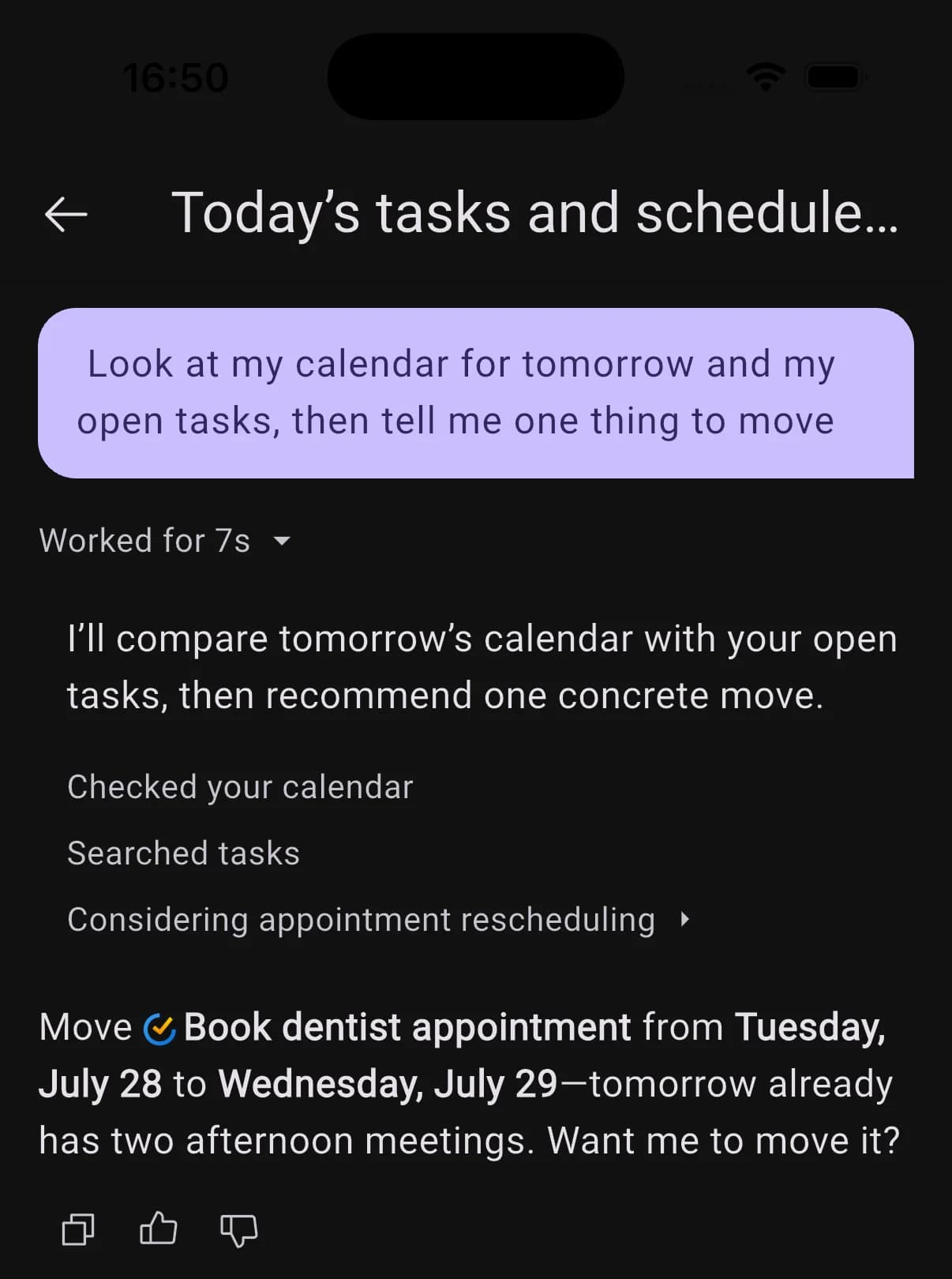 Expanded Worked for 7s accordion listing checked your calendar, searched tasks, and considering appointment rescheduling