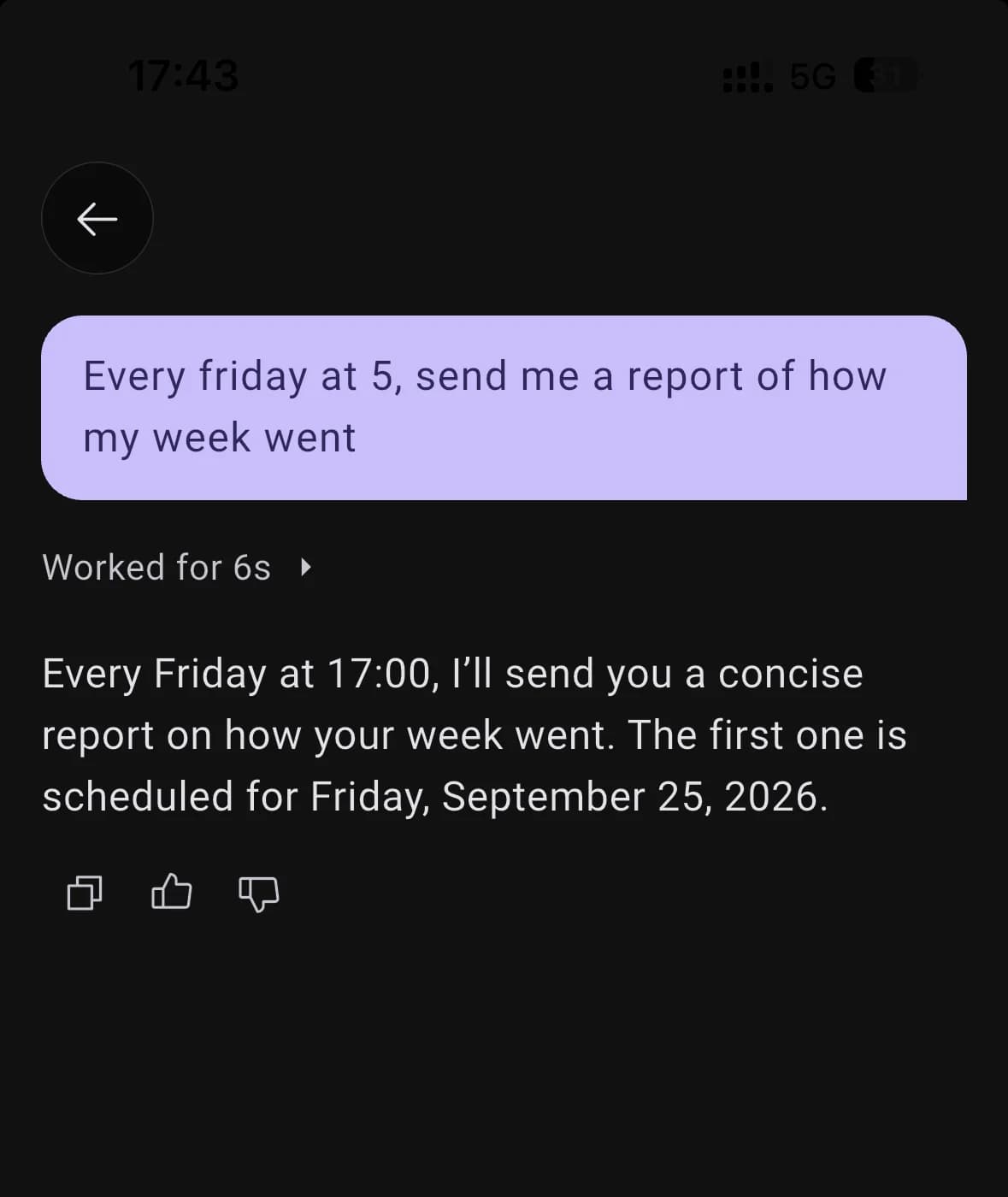 Asking for a weekly report in chat, and BrightMind confirming the first one for Friday