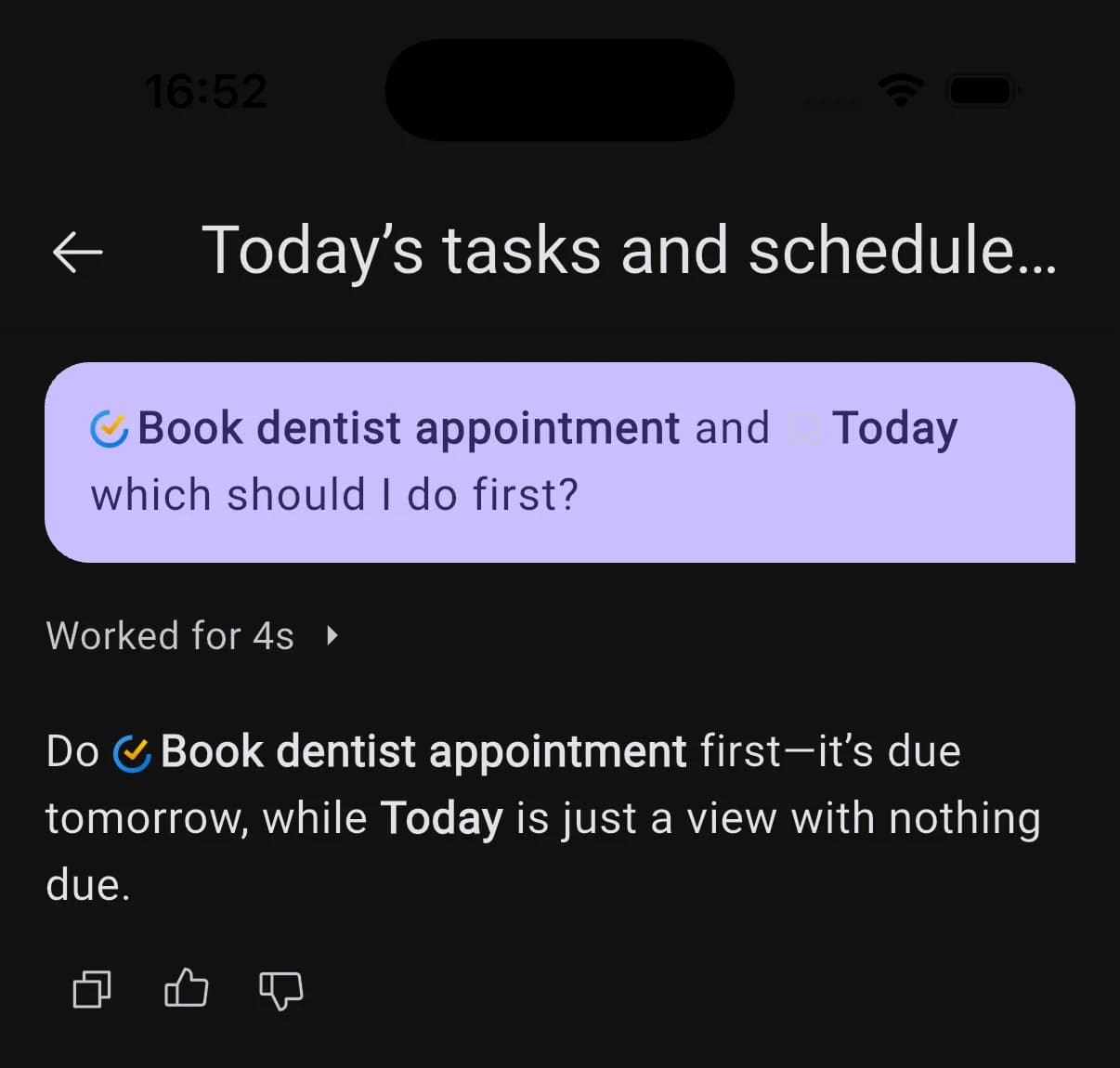 Chat message with inline mention pills and an agent reply linking the referenced task