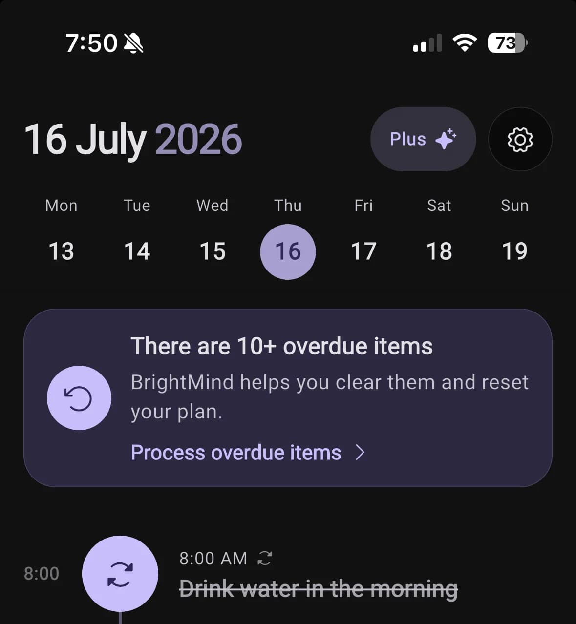 BrightMind Home timeline with the week selector, overdue items action, and scheduled habits