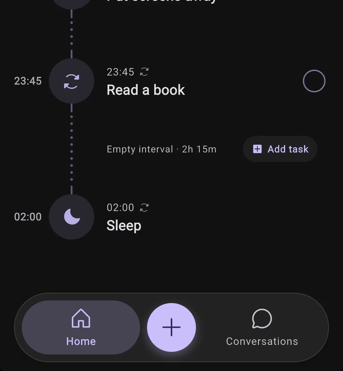 Home timeline evening with Put screens away at 23:00, Read a book at 23:45 and Sleep at 02:00