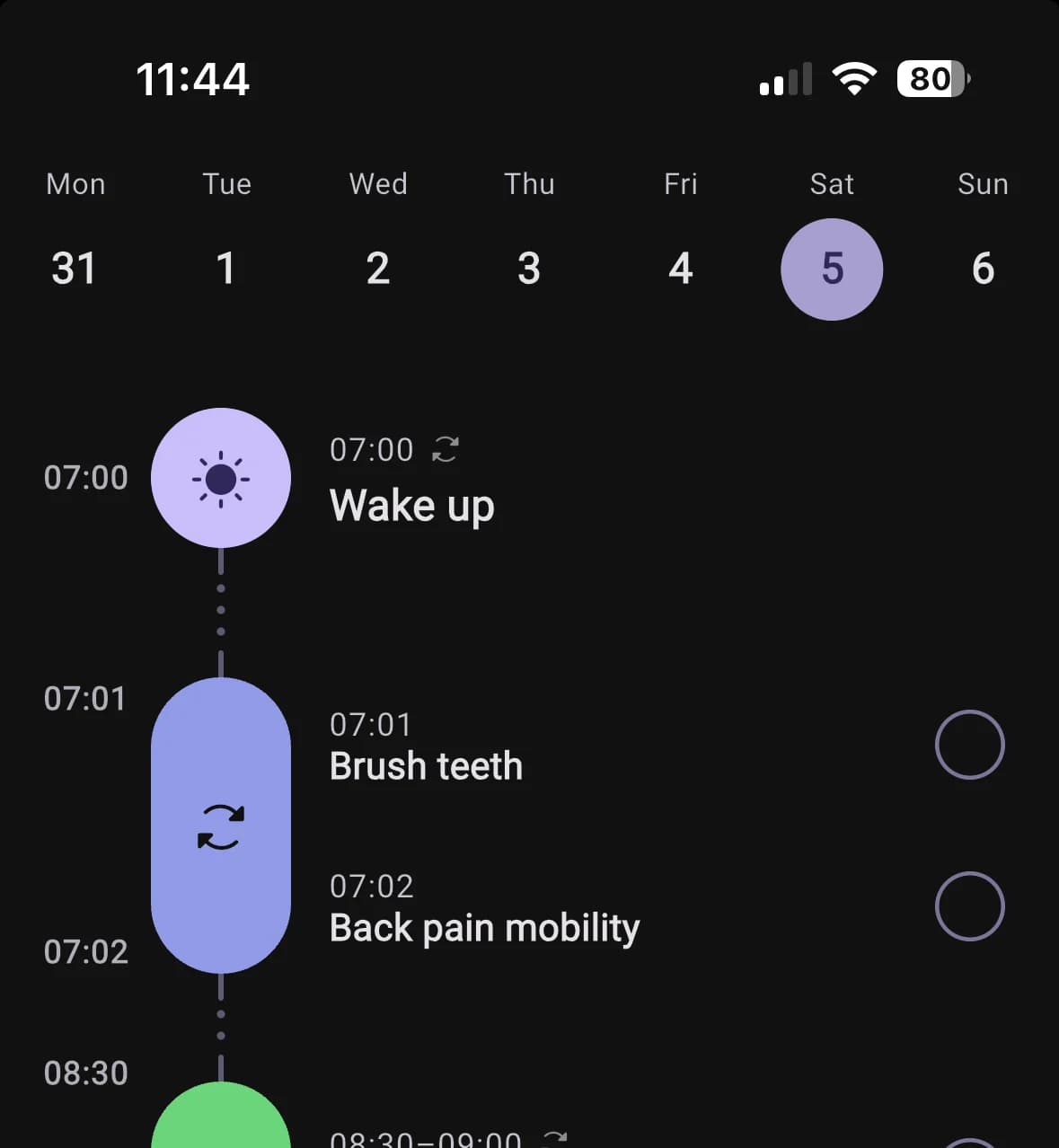 Home timeline showing a wake up habit, a grouped morning routine and a completed breakfast block