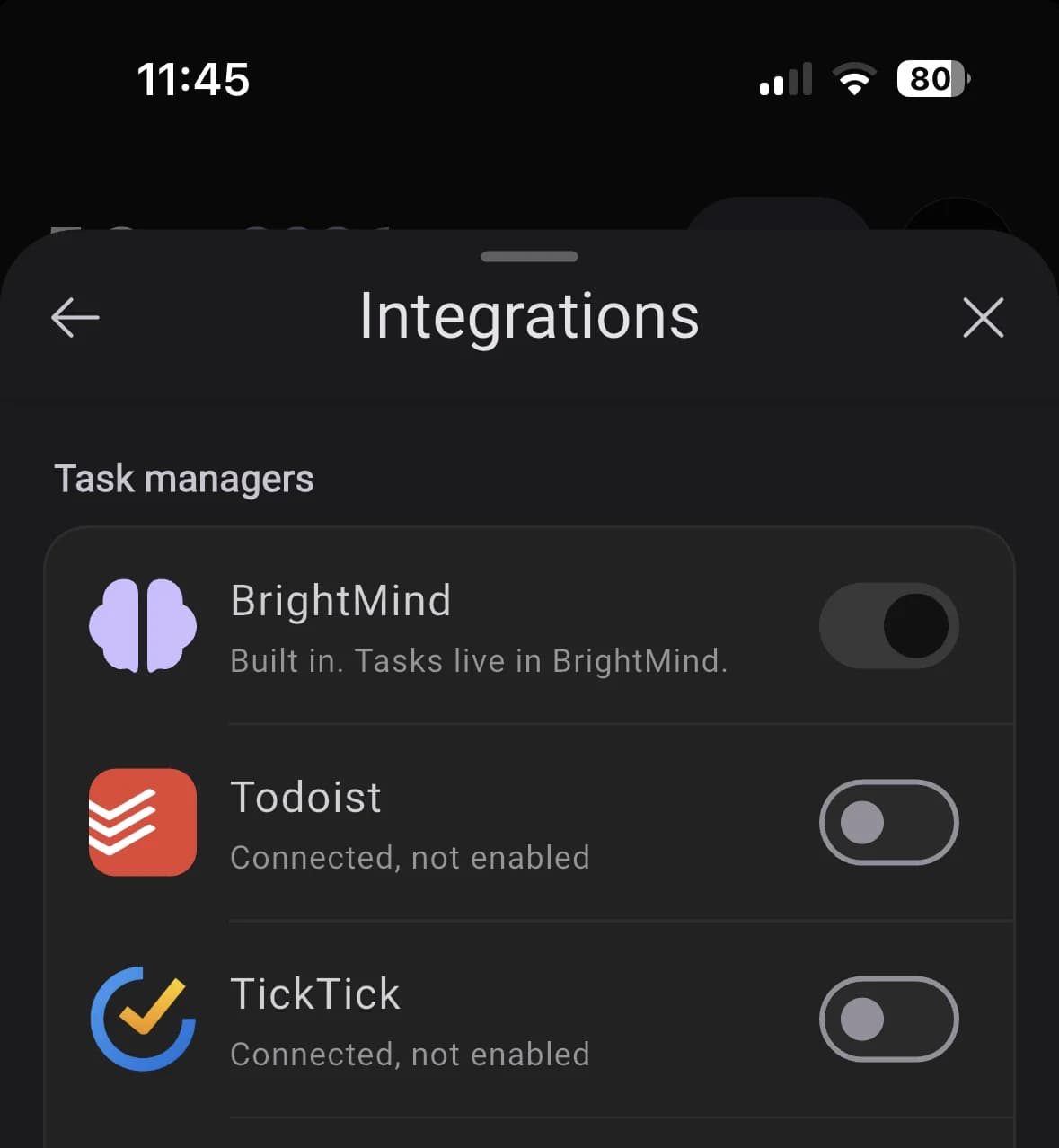 Integrations sheet listing BrightMind as a built in task manager above Todoist, TickTick and Google Tasks