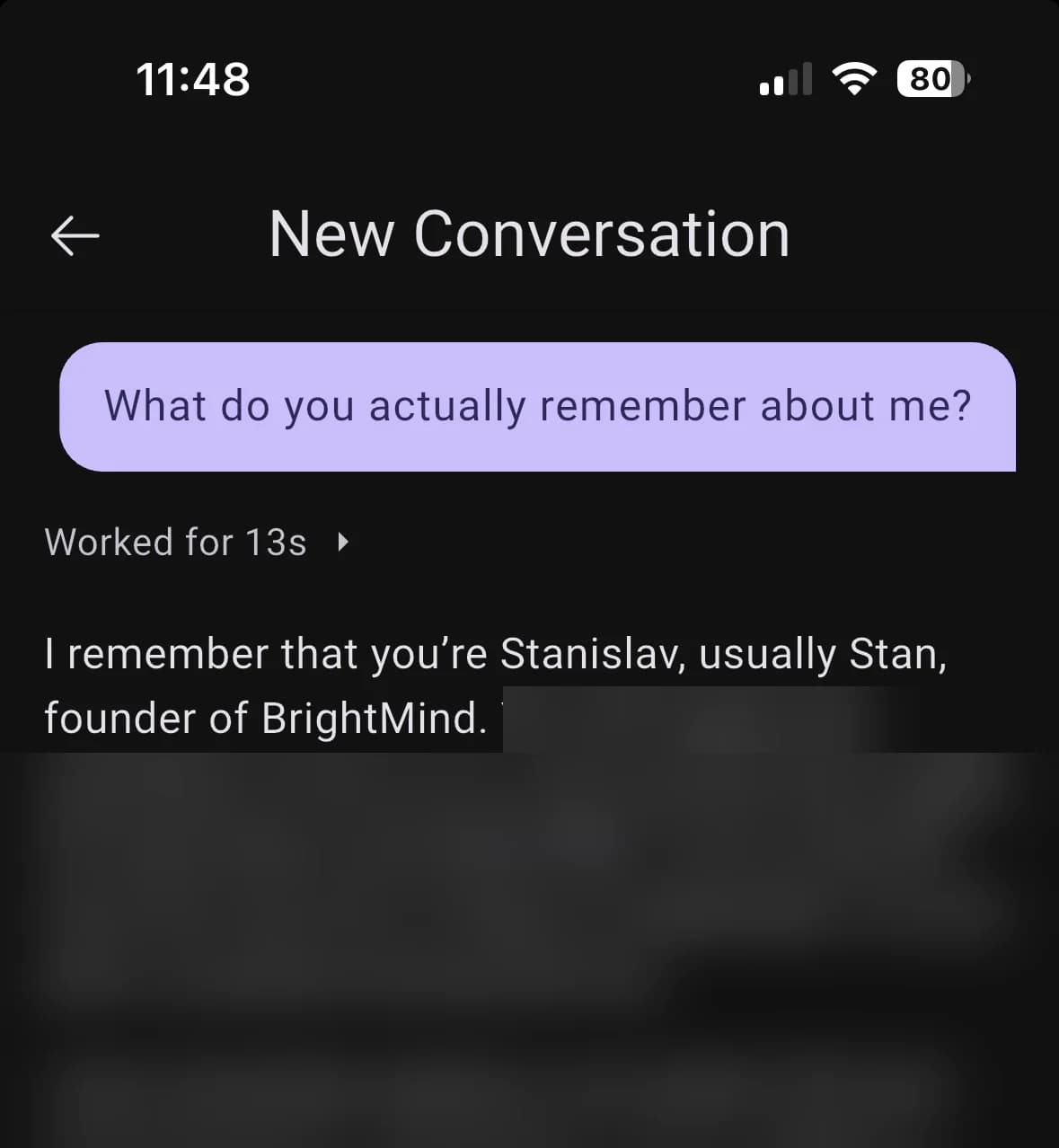 Chat asking what BrightMind actually remembers, with the reply opening on the user's name and role