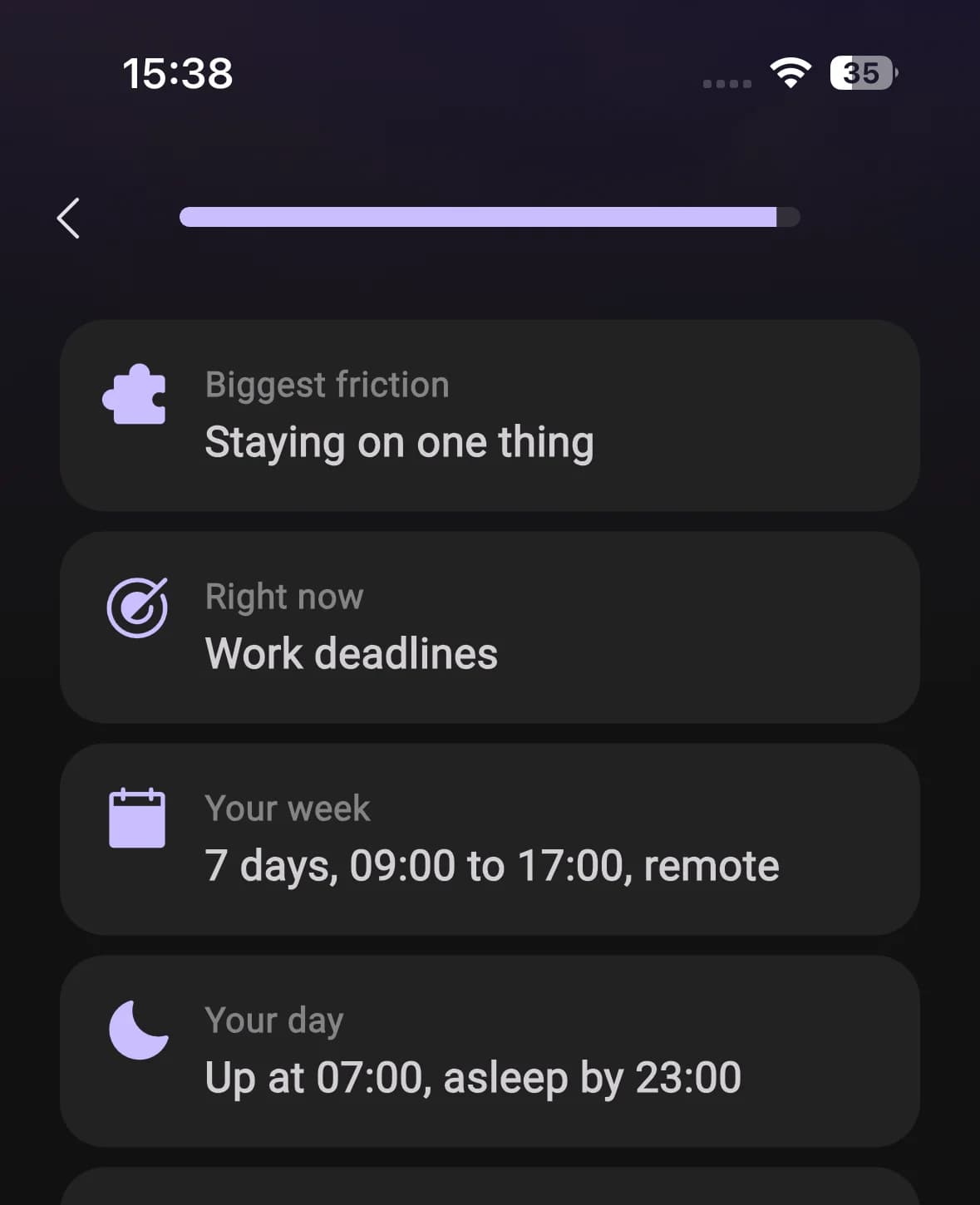 The closing summary listing friction, focus, week and day
