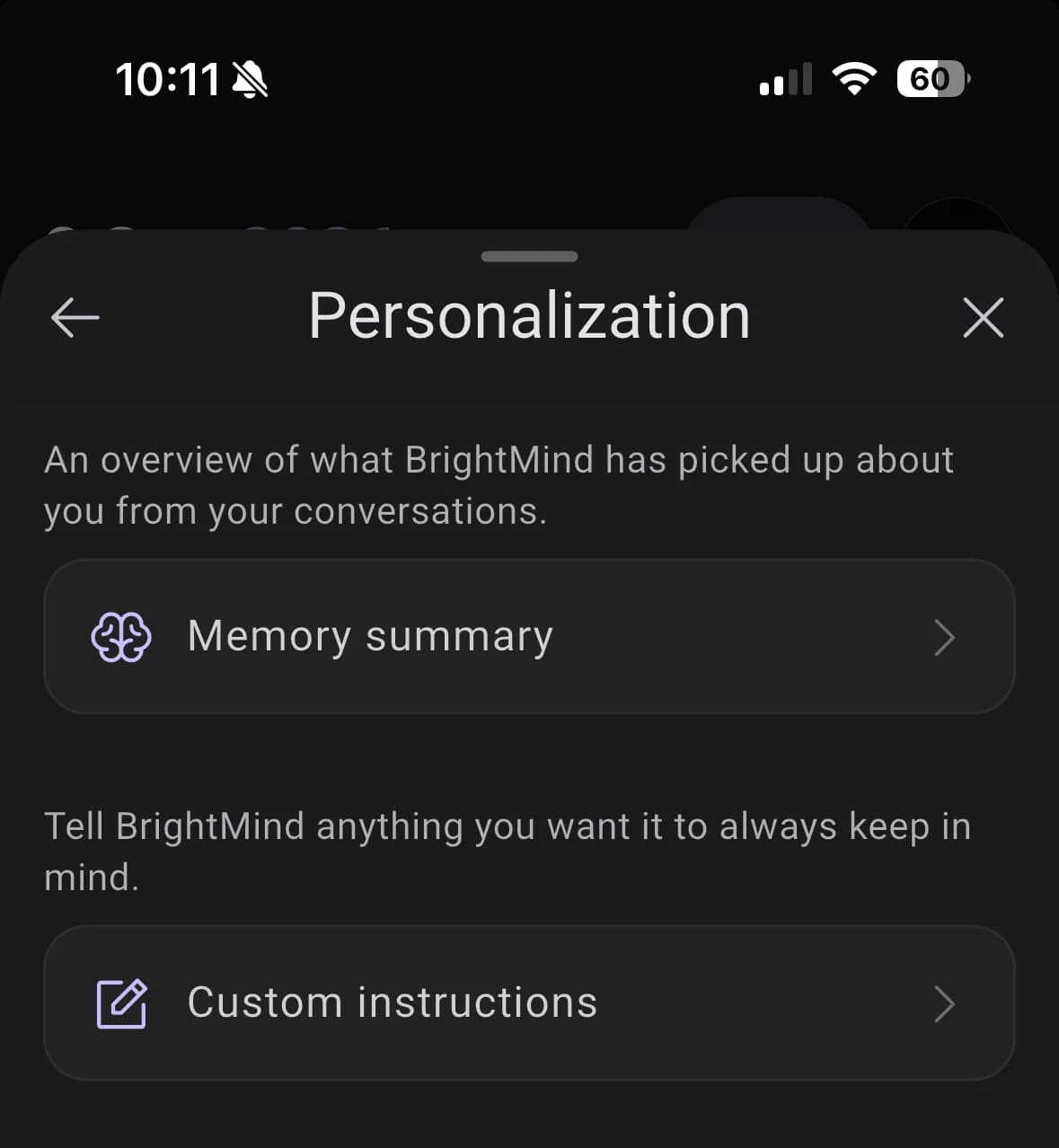 Personalization page with a Memory summary row and a Custom instructions row