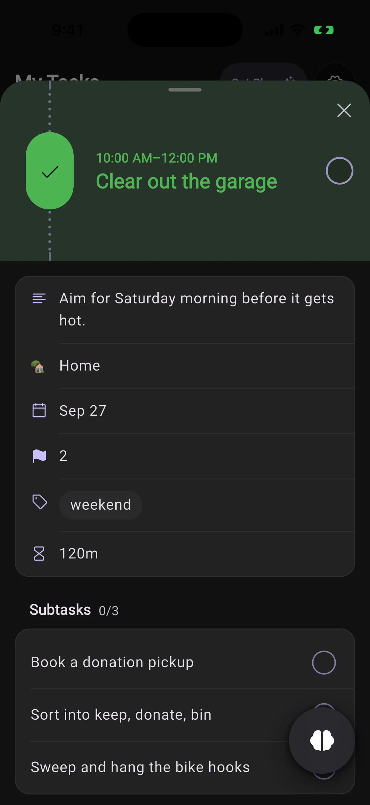 The task sheet for Clear out the garage, with its note, list, date, priority, label and three subtasks