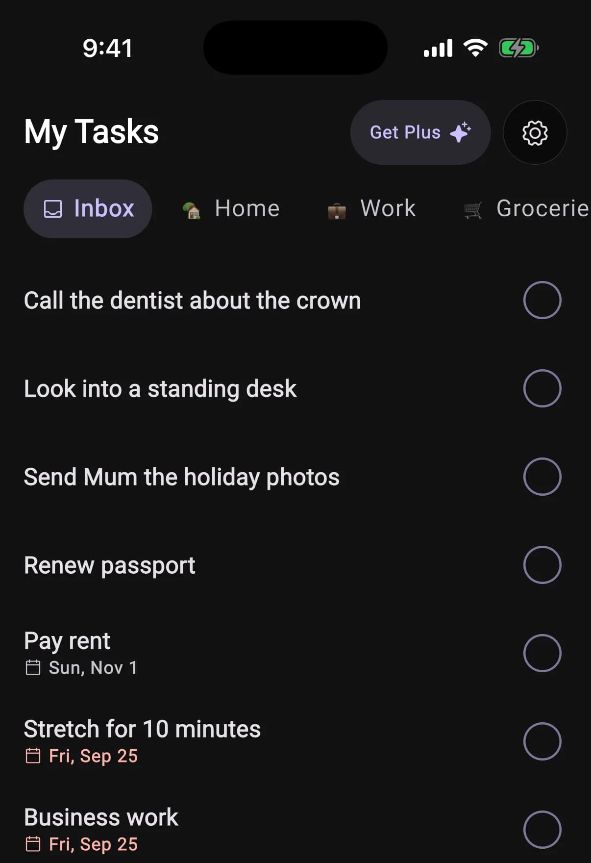 My Tasks open on the Inbox, with Home, Work and Groceries lists in the pill strip above undated tasks