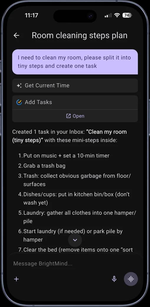 A BrightMind conversation where a room-cleaning task is broken into small steps and one step is saved as a task